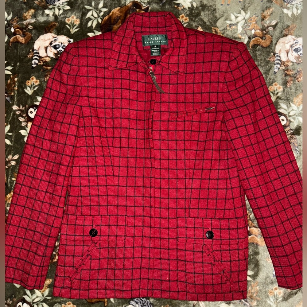 Lauren Ralph Lauren Womens 6 Cherry Red Checkered Worsted Wool Blend Jacket